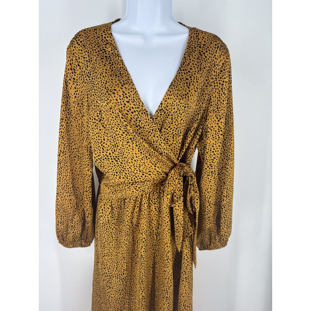 Mustard Yellow Animal Print Wrap Dress | Long Sleeve V-Neck Midi with Tie Waist - Picture 3 of 7